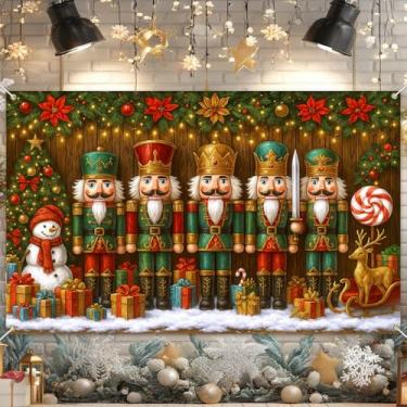 Imagem de HOMETITUTE Banner de Natal Quebra-Nozes 188 x 109 cm Fundo festivo com caixa de presente de boneco de neve, decoração de árvore, quebra-nozes, soldado para fotografia de Natal em ambientes internos e