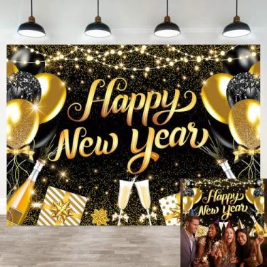 Imagem de Feliz Ano Novo 2026 pano de fundo preto dourado balão de ano novo fotografia Cheers to 2026 faixa de festa de fim de ano adereços para cabine de fotos 20 x 1,8 m