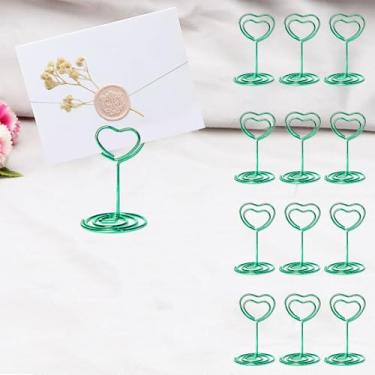 Imagem de 12 peças de porta-números de mesa, porta-cartões de lugar, porta-cartões de visita pequeno, porta-fotos de arame para recepção de casamento, festa de aniversário (verde, coração)