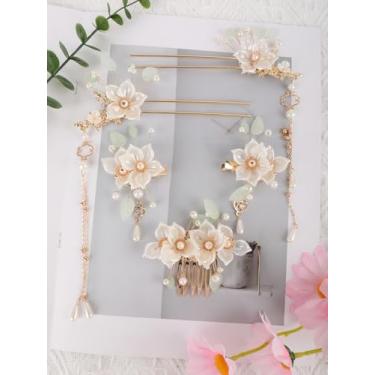 Imagem de 5 grampos de cabelo com borlas de flor de camélia, grampos de cabelo pérola de strass de cristal, acessório de cabelo retrô chinês, acessórios de cabelo para mulheres