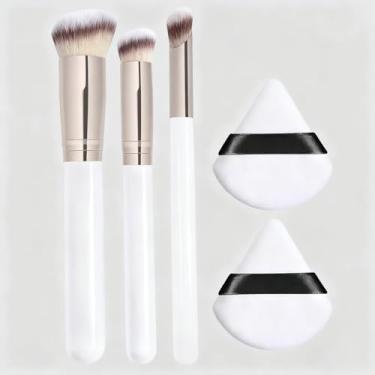 Imagem de Conjunto de 5 peças de pincel de maquiagem e puff, base, creme de contorno, blush, sombra, sem listras, sem gagueira e cores aplicadas uniformemente (branco)