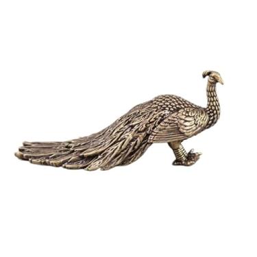 Imagem de Estátua em miniatura de pavão de cauda longa de latão, escultura de metal animal pavão modelo de mesa ornamento de peso de papel para casa bonsai micro acessórios de decoração de paisagem