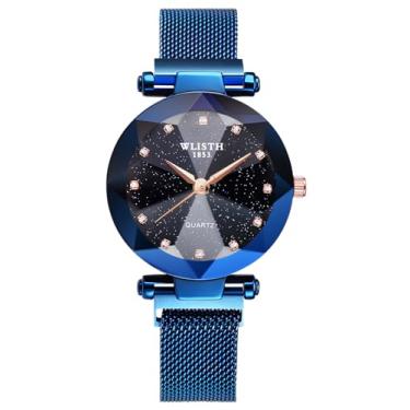 Imagem de MASTOP Relógio feminino moderno em ouro rosa, quartzo japonês, pulseira magnética de malha magnética, à prova d'água, relógios femininos, Azul estrelado, Movimento de quartzo