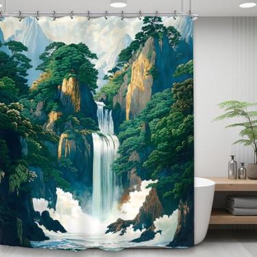 Imagem de Yookeb Cortina de chuveiro verde japonesa com cachoeira floresta, 152 cm, paisagem natural, árvore, tecido de poliéster, 12 ganchos de plástico, à prova d'água, decoração
