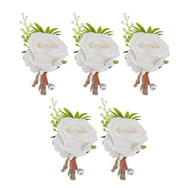 Imagem de Zerodis Rosa Boutonniere Casa Jardinagem Decoração de Casa Festivais Corsage Para Casamento 5 Pcs Flores Brancas Para Noivo E Noiva Ternos Rosa Boutonniere Flor Artificial Artesanal (Branco)