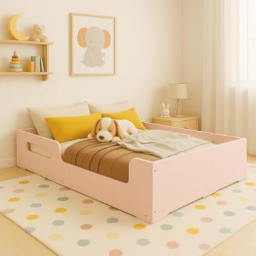 Imagem de Cama Casal Montessoriana Infantil Princesa Grade de Proteção Lateral Moderna MDF - Rosa