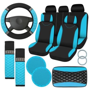 Imagem de Fulmoon Conjunto de 17 peças de acessórios de carro para mulheres capa de volante de couro brilhante cinto de segurança almofada de braço suportes de copo capas de decoração de cristal completo