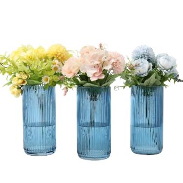 Imagem de YANWE1 Vasos de vidro azul, conjunto de 3 vasos de flores, vaso de vidro canelado para tulipas, vasos de vidro cilíndricos altos para sala de estar, quarto, mesa de jantar, escritório, casamento