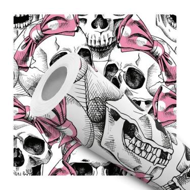Imagem de Papel de Parede Adesivo Caveira Rock Laço Rosa Menina Moderno Quarto S