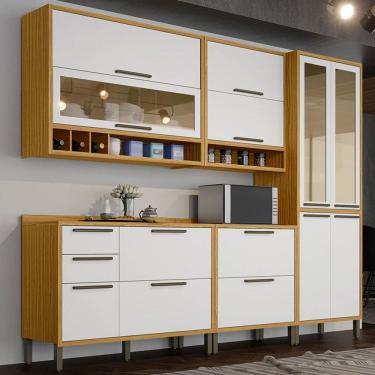 Imagem de Armário de Cozinha com Balcão e Tampo 11 Portas 4 Gavetas Pérola 100% Mdf Vidro Reflecta Amêndoa/Branco - Pnr Móveis