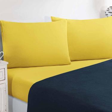 Imagem de Jogo De Cama Malha Lençol 100% Algodão Gran Moratta 4 Peças Casal - Azul Marinho-amarelo