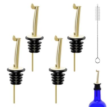 Imagem de 4 peças de bicos de despejo de licor, despejadores de garrafa de vinho de aço inoxidável com tampas, despejadores de garrafa de vinho com rolhas de velocidade para garrafa de licor, tampa automática