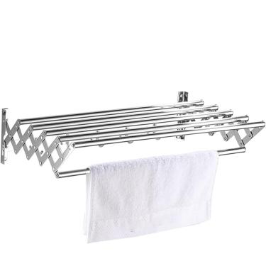 Imagem de Rack De Secagem Retrátil Dobrável Para Roupas Secador Montado Na Parede Toalha De Banho Ganchos Para Trilho Linha De Pano De Lavagem Rack Seco Extensível De Aço Inoxidável, Onecolor, 60cm