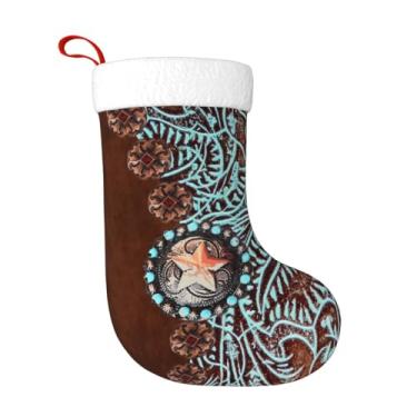 Imagem de Poacnip Meias de Natal Cowboy Cowgirl Western Country Marrom Turquesa Azul Petróleo Moda Natal Grande 17,7 polegadas Natal Lareira Suspensão Meias para Decoração de Festas de Natal em Família