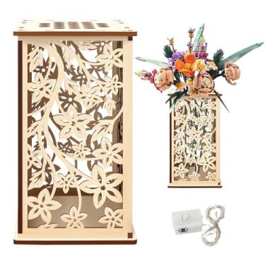 Imagem de KOYILTD Vaso de madeira para flores Lego com estampa de flor vazada, inclui cordão de luzes LED USB, suporte de exibição artística e peça central decorativa, presente para amantes de flores e fãs de