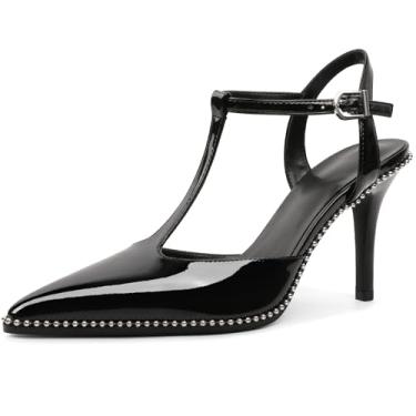 Imagem de Joseywade Sapato social feminino com tira em T, salto fino, salto alto, 8,5 cm, com contas, tamanho 34 a 44, Preto envernizado., 38