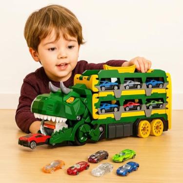 Imagem de Caminhão Cegonha Dinossauro T-rex Pista Com 6 Carrinhos Caminhao Dinossauro T-rex Verde