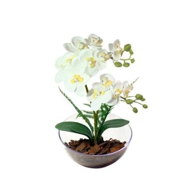 Imagem de Planta Artificial – Arranjo de Orquídeas Real Toque em Vaso Lua para Decoração de Casa e Escritório(Branca)