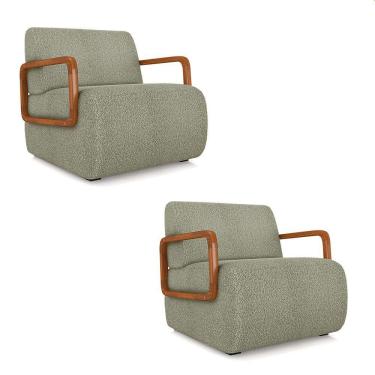 Imagem de Poltrona Sala De Estar Braço De Madeira Kit 2 Hellen Bouclê K01 - D'rossi Cor Verde