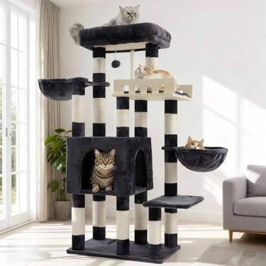 Imagem de Gitelsnour Árvore de gato para gatos grandes e adultos, árvore resistente para gatos grandes, condomínio para gatos com grande poleiro de madeira, torre para gatos com 14 postes para arranhar, rede