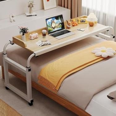 Imagem de Mesa de cama com 4 rodas, mesas de cama ajustáveis 115-210 cm mesas sobrepostas carrinho de armazenamento com rodinhas estação de trabalho em pé ajuste altura 65-95 cm mesa de computador para hospital