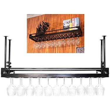 Imagem de Prateleira de vinho de metal montada na parede Suporte de copo de vinho de cabeça para baixo, suporte para copos de vinho, decoração de teto, prateleira, balcão, adega, restaurantes, cozinhas, preto