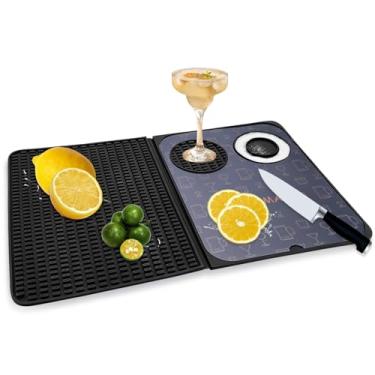 Imagem de Tapete de bar dobrável 3 em 1, tapete de coquetel de silicone com tábua de corte removível, tapete de secagem dobrável 45 x 30 cm, protetor de bancada para casa, viagem (preto)