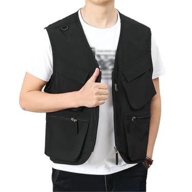 Imagem de Colete De Pesca E Safari Para Exterior, Colete De Homem Plus Size Com Fecho Malha Respirável Sem Mangas Gola Em V Para Pesca, Casaco Top Fotografia Caça E Caminhada Primavera(Black,5XL)