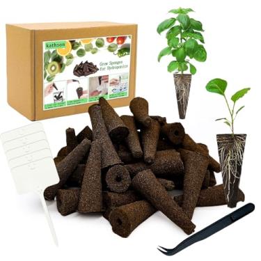 Imagem de kathson 50 esponjas de cultivo para hidroponia compatíveis com AeroGarden, kit de cápsulas de sementes de esponja de crescimento de raiz de substituição com 5 etiquetas de plantas e 1 pinça, sistema