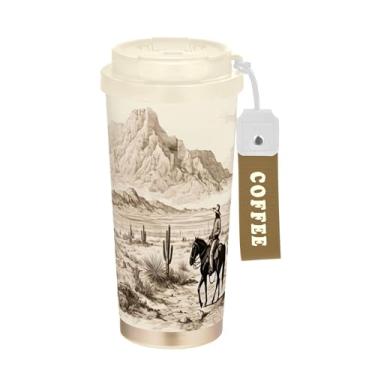 Imagem de SEHANY Caneca de viagem vintage caubói ocidental 482 g xícaras de café reutilizáveis revestidas de cerâmica com tampa à prova de vazamento, parede dupla, isolamento a vácuo, copo de café de aço