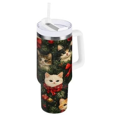 Imagem de Blueangle Copo de gato de Natal de 850 g com alça e tampa de palha, copo isolado reutilizável de aço inoxidável garrafa de água caneca de viagem (505)