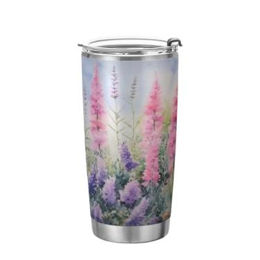 Imagem de xigua Copo de flores silvestres de jardim aquarela com tampa de palha, caneca de viagem a vácuo de parede dupla, caneca de café bem isolada, copo de aço inoxidável para bebidas quentes e frias, 600 ml