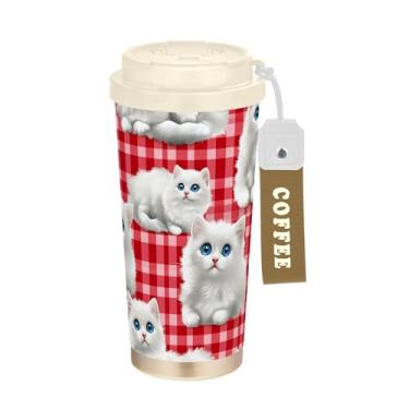 Imagem de SEHANY Caneca de viagem de gato gatinho fofo de 482 g xícaras de café reutilizáveis revestidas de cerâmica com tampa à prova de vazamento, parede dupla, isolamento a vácuo, copo de café de aço