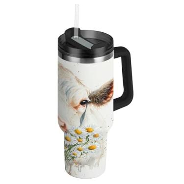 Imagem de SEHANY Copo Highland Cow de 850 g com tampa e canudo, aço inoxidável de vácuo duplo isolado garrafa de água esportiva suporte para copo de café de viagem à prova de vazamento para bebida gelada