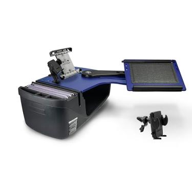 Imagem de AutoExec Alcance o banco traseiro da mesa lado esquerdo para a estação de trabalho do seu veículo e escritório móvel, azul, com suporte para telefone, suporte para tablet e clipe de ventilação do
