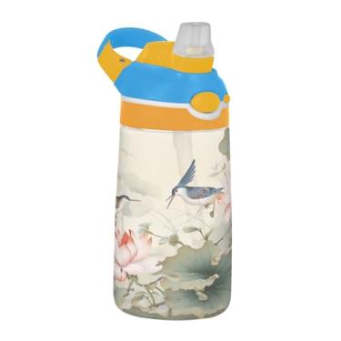 Imagem de Blueangle Garrafa de água floral de beija-flores chineses de 473 ml, garrafa esportiva e de viagem Tritan reutilizável com canudo e design de tampa de bico pop-up (559)