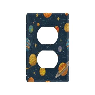Imagem de Blueangle Placa de parede com desenho animado sistema solar planetas duplex, tamanho padrão, placas de cobertura de tomada elétrica de 1 gangue para decoração de quarto de escritório em casa, 4,53 x