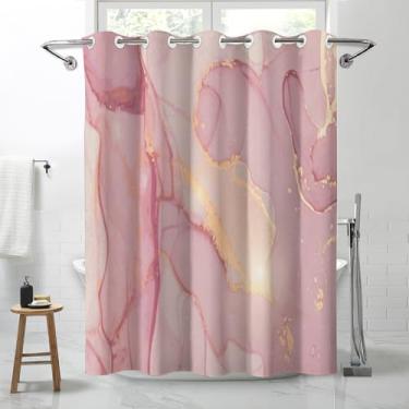 Imagem de Lnond Cortina de chuveiro de mármore rosa, luxuosa, à prova d'água, sem gancho, para banheiro, spa, banheira, 71 L x 74 C