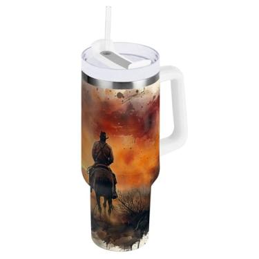 Imagem de Kigai Copo de cowboy norte-americano de 1,134 g com tampa e palha, copo isolado de aço inoxidável durável à prova de vazamento com alça, garrafas de água à prova de derramamento para viagens