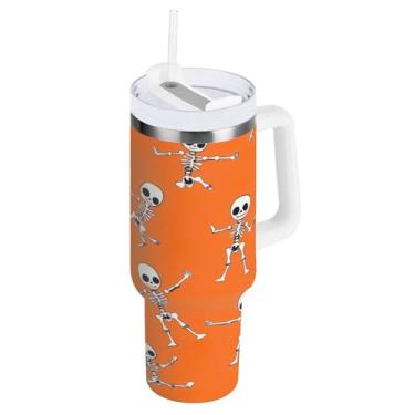 Imagem de STAYTOP Copo de caveira engraçado de 850 g com tampa e canudo, à prova de vazamento, durável, copo isolado de aço inoxidável com alça, garrafas de água à prova de derramamento para viagens
