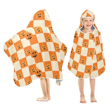 Imagem de Burbuja Toalha de banho com capuz de abóbora xadrez laranja para crianças, toalha de praia de pelúcia macia absorvente para meninas e meninos 3-10 anos, 61 x 127 cm