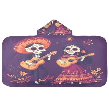 Imagem de Burbuja Toalha de banho com capuz de caveira mexicana para crianças, toalha de praia de pelúcia macia absorvente para meninas e meninos 3-10 anos, 61 x 127 cm