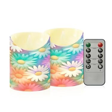 Imagem de Wassud Pacote com 2 margaridas coloridas (2) velas sem chama com controle remoto, velas realistas cintilantes com temporizador, velas decorativas para Natal, casamento, festa, decoração de casa
