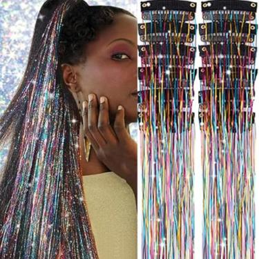 Imagem de 12 peças/lote Perucas de cabelo coloridas BB Clip Glitter Sintético Tinsel Grampo de Cabelo Brilhante Fada Fada Cabelo Falso, Headwear, 52 cm (Colorido)