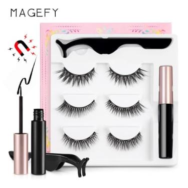 Imagem de Cílios Falsos Magnéticos Naturais Grosos Extensão de com Pinça e Eyeliner Longa Duração Fita Completa Feita à Mão para M