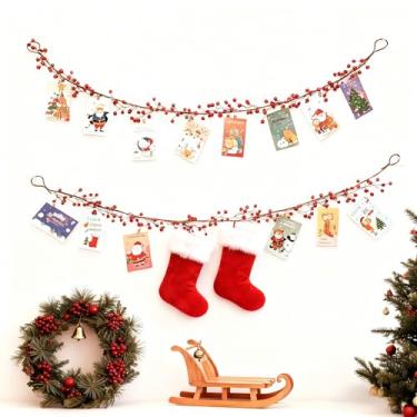 Imagem de PERIZIA Suporte de cartão de Natal guirlanda de frutas vermelhas com 20 clipes, exibição de cartão de foto de Natal para dormitórios, quartos, decoração de parede pendurada