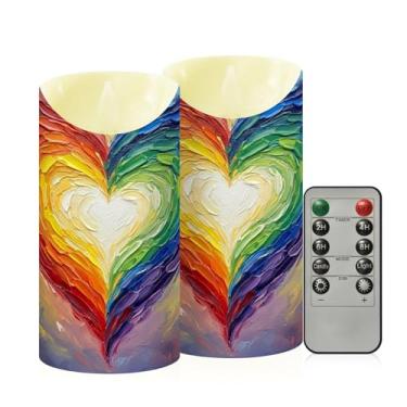 Imagem de Wassud Pacote com 2 velas sem chamas arco-íris corações dos namorados com controle remoto, velas realistas cintilantes com temporizador, velas decorativas para Natal, casamento, festa, decoração de