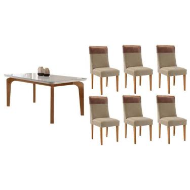 Imagem de Sala Jantar Mesa Londrina Tampo c/ Vidro Curvo 180cm+6 Cadeiras Jaspe Madeira Naturale/Off White - Capuccino/Linho Bege - Rufato