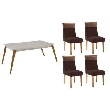 Imagem de Sala Jantar Mesa Havana Tampo c/ Vidro Curvo 120cm+4 Cadeiras Jaspe Madeira Naturale/Off White - Capuccino/Suede Marrom - Rufato