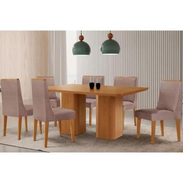 Imagem de Sala Jantar Mesa Maldivas Tampo Curvo 180cm+6 Cadeiras Dakota Madeira Naturale - Capuccino/Linho Capuccino - Rufato